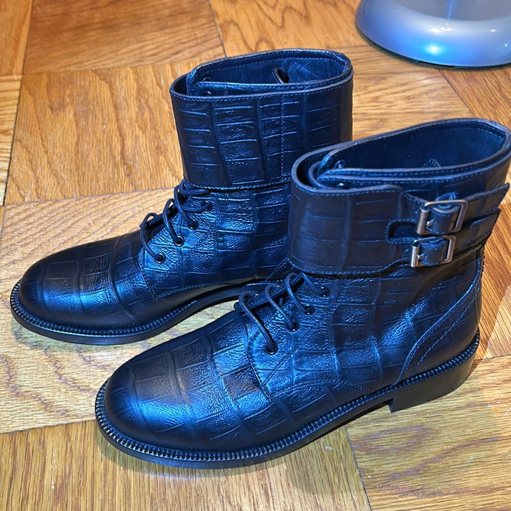 YSL Saint Laurent Crocodile Embossed Leather Combat Lace Up Boots